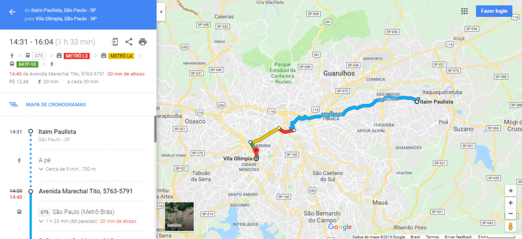 Trajeto Itaim Paulista x Vila Olimpia - Fonte: Google Maps